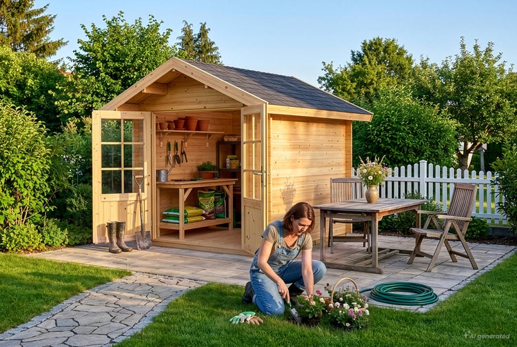 Eine Frau pflanzt Blumen vor einem hölzernen Gartenhaus mit offener Doppeltür, das als Werkstatt mit Arbeitstisch und Gartenutensilien dient.