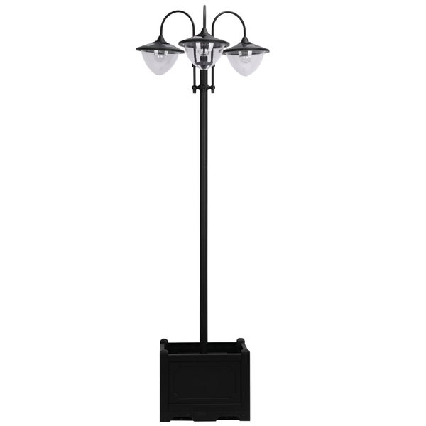 Outsunny Solarleuchte, Gartenlicht 3-köpfige Lampe mit Blumentopf-Basis, 60 x 55 x 189 cm, Edelstahl, Schwarz