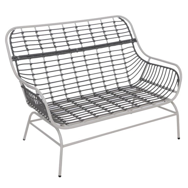 Hellgraues Zweisitzer-Gartensofa mit Metallgestell und dunkelgrauem Seilgeflecht an Sitzfläche und Rückenlehne.