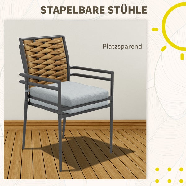 Outsunny Rattan Gartenstuhl 2er-Set, Gartensessel Set mit Kissen, 57 x 58 x 87 cm, Stahl, Grau