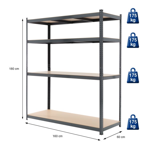 ECD Germany 2 Stück Werkstattregal Schwerlastregal 180x160x60 cm Anthrazit, pulverbeschichte Metall mit 4 Böden MDF Holz, bis 700 kg, Lagerregal Steckregal Kellerregal Garagenregal Metallregal Regal