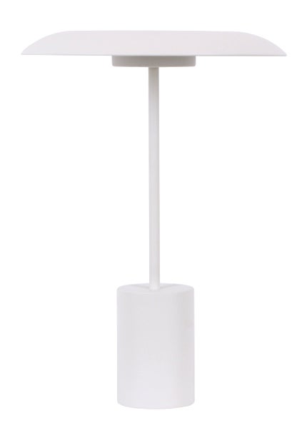 Moderne Tischleuchte mit flachem Lampenschirm und zylindrischem Standfuß