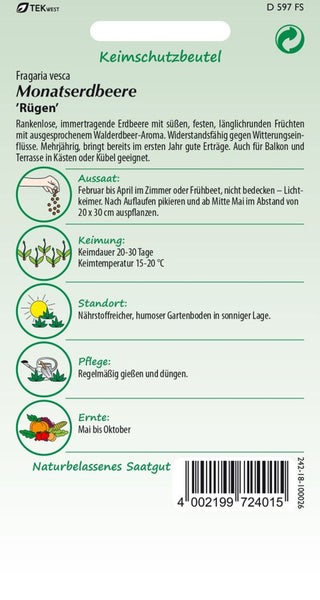 Monatserdbeere 'Rügen' Saatgutpackung mit Informationen zu Aussaat, Keimung, Standort, Pflege und Ernte