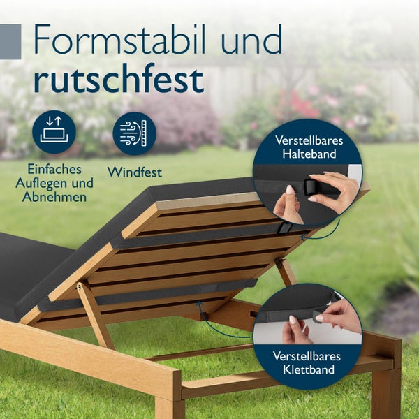 Detailaufnahme einer Gartenliege mit Fokus auf Befestigungsdetails wie verstellbare Haltebänder und Klettbänder.