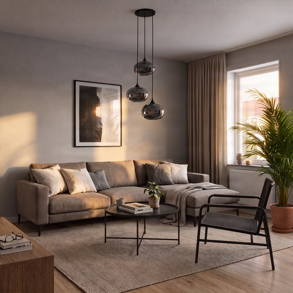 Modernes Wohnzimmer mit Ecksofa, Couchtisch und Pendelleuchte in stilvoller Einrichtung bei Sonnenlicht.