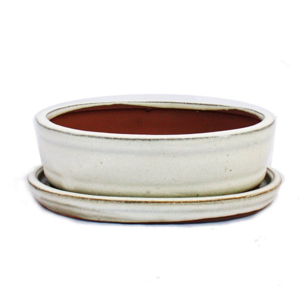 Bonsai-Schale mit Unterteller Gr. 2 - hellbeige - oval - Modell O7 - L 15,5cm - B 12cm - H 4,5cm