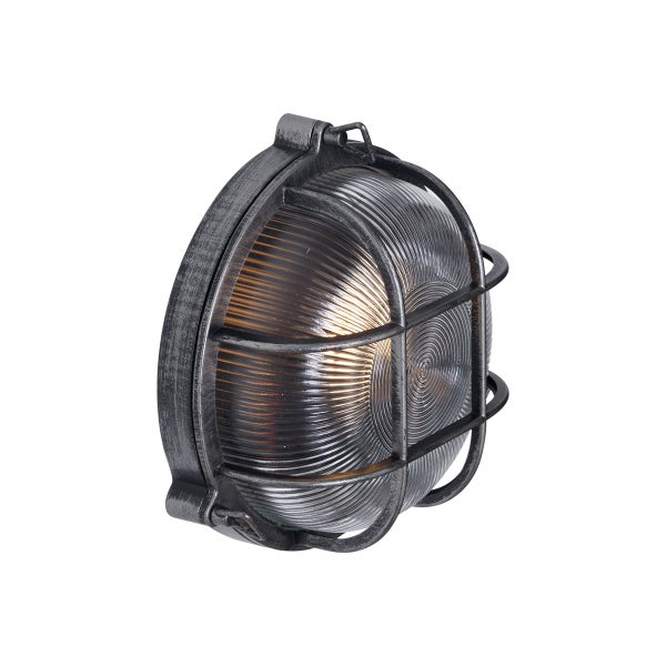 Runde Außenwandleuchte aus Metall in Antik-Optik mit Schutzgitter und geripptem Glas.