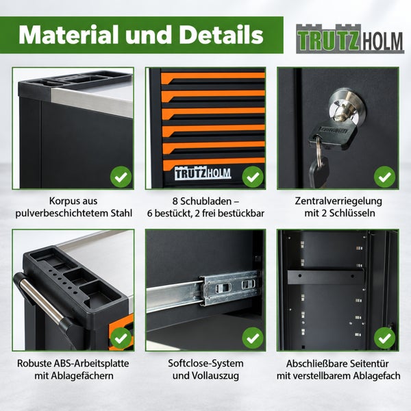 Details des Trutzholm Werkstattwagens mit acht Schubladen, pulverbeschichtetem Stahlgehäuse, Zentralverriegelung und ABS Arbeitsplatte.