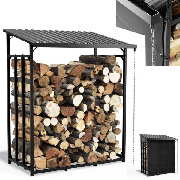 Kaminholzregal aus schwarzem Metall mit Pultdach, Regenrinne mit Ablaufkette und Abdeckplane, gefüllt mit Holzscheiten.