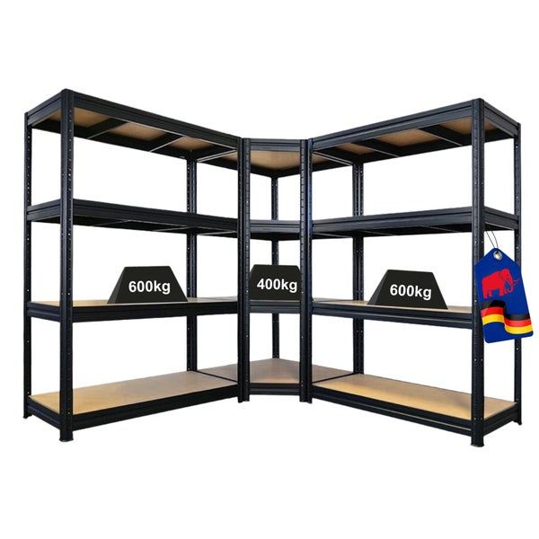 Schwarzes Schwerlast-Eckregal aus Metall mit vier Holzböden. Tragkraft 600 Kilogramm außen und 400 Kilogramm im Eck. Hergestellt in Deutschland.