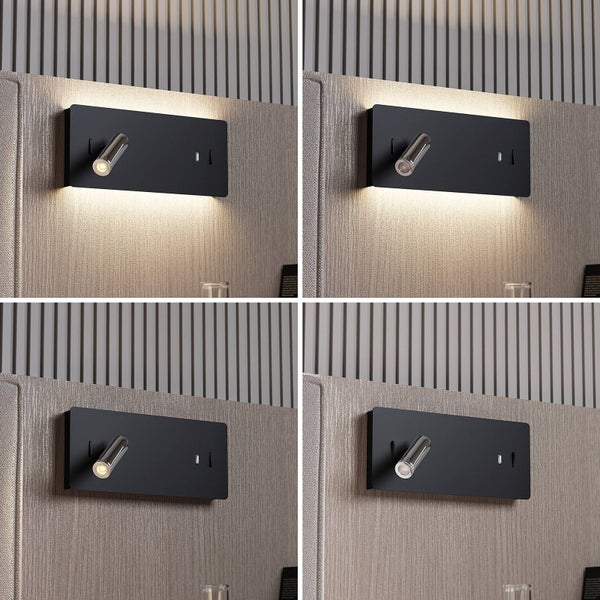 Moderne schwarze rechteckige Wandleuchte mit verstellbarem LED-Leselicht, indirekter Beleuchtung, USB-Anschluss und Schalter an strukturierter Wand.