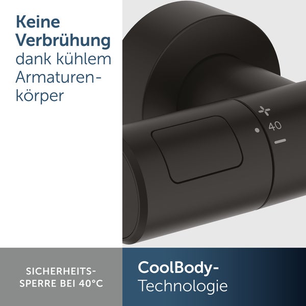 Detailaufnahme einer Armatur mit CoolBody Technologie und Sicherheitssperre bei 40 Grad