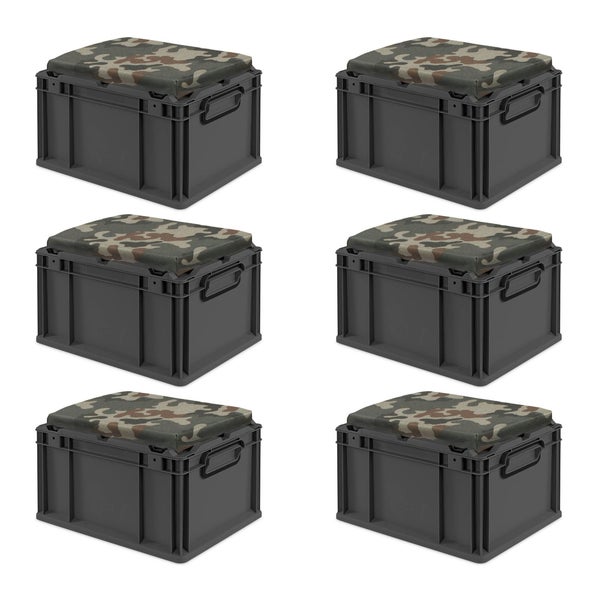 Sechs graue Euroboxen mit Tarnmuster-Sitzkissen