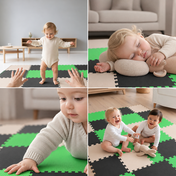 Babys auf einer quadratischen Puzzlematte aus Schaumstoff mit ineinandergreifenden Puzzleteilen in verschiedenen matten Mustern.