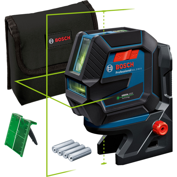 Bosch Kombilaser GCL 2-50 G / 4x 1,5 V-LR6-Batterie inkl. RM10 + Laserzieltafel in Tasche - 0601066M00