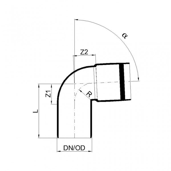 Maßskizze für einen Rohr-Bogen mit Angaben für Länge, Z-Maße, Radius, Winkel und Durchmesser.
