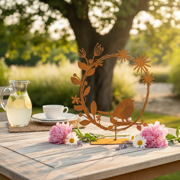 Deko-Kranz aus Metall in Edelrost-Optik mit Vogelmotiv auf einem Gartentisch aus Holz neben Blumen und einer Karaffe in heller Umgebung.
