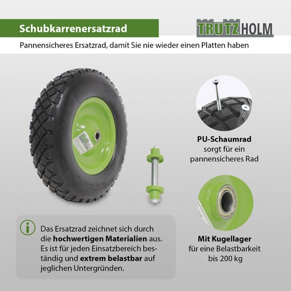 Trutzholm pannensicheres Schubkarrenrad aus Polyurethanschaum mit Kugellager und Achse für eine Belastbarkeit bis 200 Kilogramm.