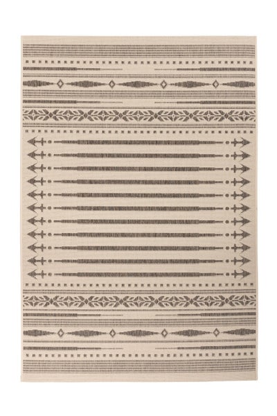 In- und Outdoor-Teppich mit geometrischem Muster, Pfeilmotiven und Linien in Weboptik.