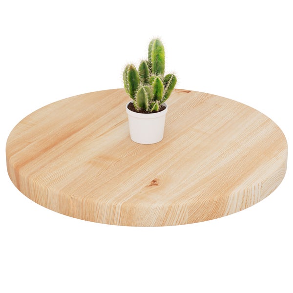 Runde Holzplatte mit Kaktus im Topf.