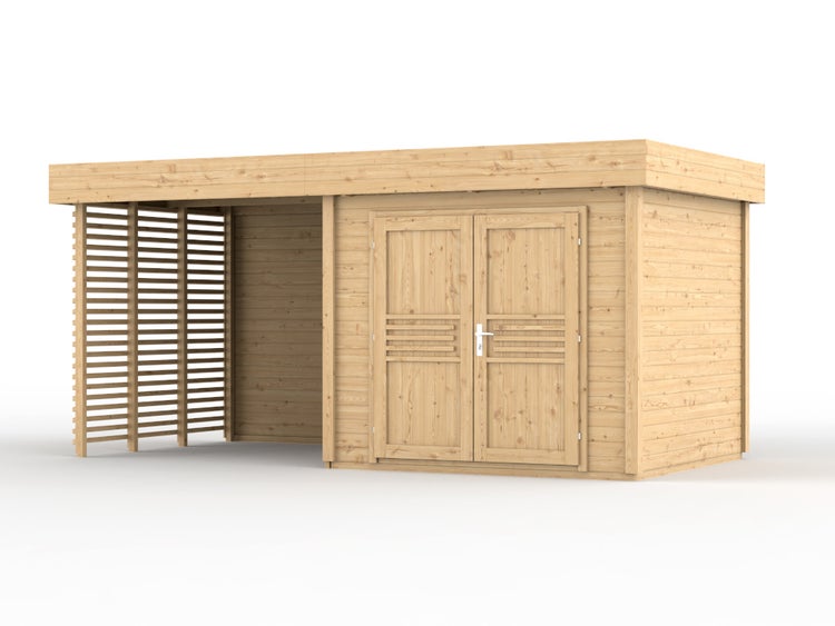 Gartenhaus aus Holz mit Flachdach, Doppeltür und integriertem Schleppdach mit Lamellenwand.