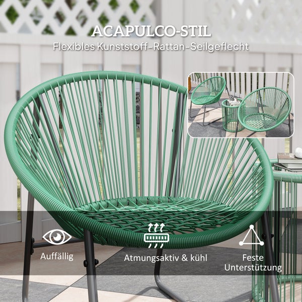 Outsunny Polyrattan Gartenmöbel Set, Outdoor Lounge Balkonmöbel für 2 Personen, 3-teilig Bistroset Sitzgruppe mit 2 Stühle, Beistelltisch, Kissen, wetterfest Gartenlounge für Garten, Balkon, Grün