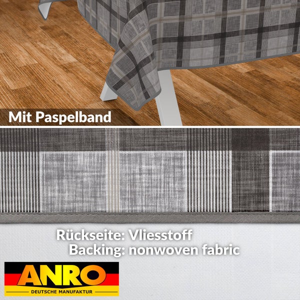 Tischdecke mit Karomuster und Paspelband sowie ANRO Logo