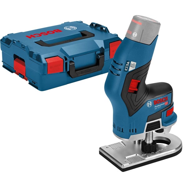 Bosch Professional Akku-Kantenfräse GKF 12 Volt mit bürstenlosem Motor und blauem L-BOXX Transportkoffer.