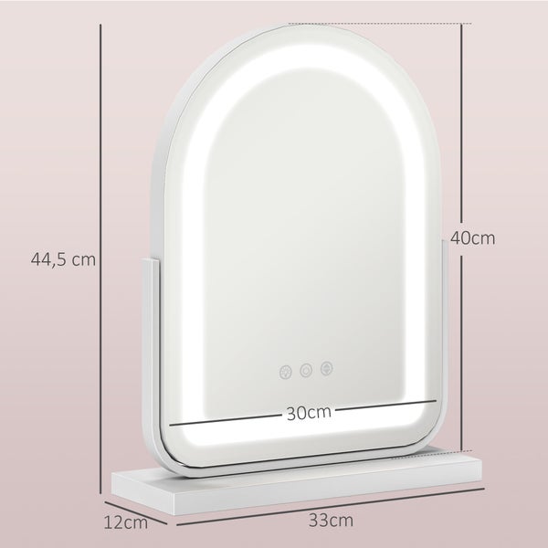 HOMCOM Kosmetikspiegel, 33 x 44,5 cm Schminkspiegel mit LED Licht, 3 Lichtfarben, 360° Drehbar Makeup-Spiegel mit Touch-Steuerung, Metallrahmen, Weiß
