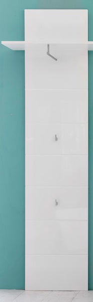 Weißes Garderobenpaneel mit Hutablage, Kleiderstange und zwei Haken.