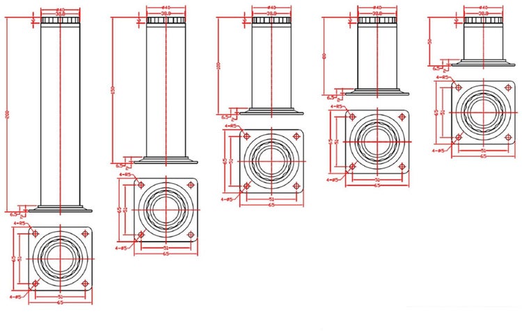 Technische Zeichnung von Möbelfüßen in verschiedenen Höhen und Größen