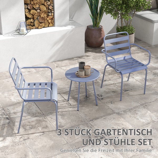 Outsunny 3tlg. Gartenmöbel-Set, mit 1 Couchtisch, 2 Stapelbaren Stühlen, für Balkon, Terrasse, 51L x 58B x 78H cm, Stahl, Hellgrau