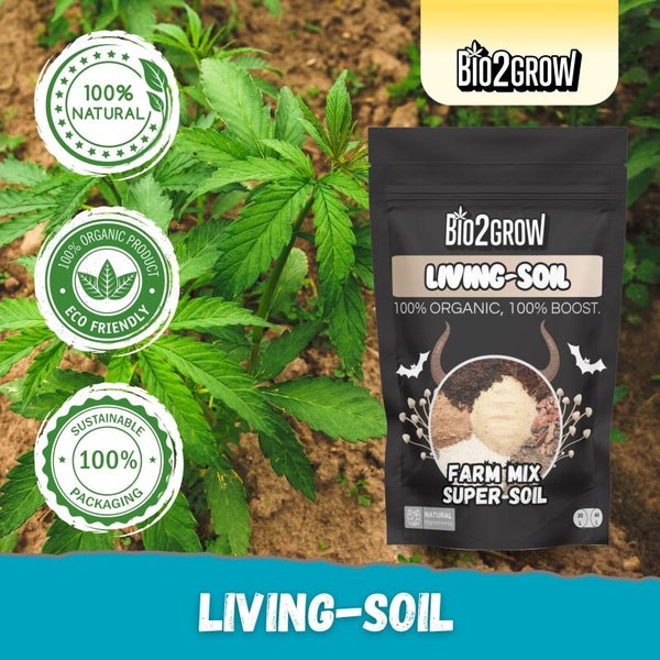 Bio2Grow Living Soil Sack mit Pflanze und den Siegeln 100 % natürlich, 100 % Bioprodukt, Ökologisch und Nachhaltige Verpackung