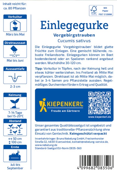 Saatgut für Einlegegurken Sorte Vorgebirgstrauben von Kiepenkerl mit Anbauhinweisen und Informationen zur Aussaat und Ernte auf der Rückseite.