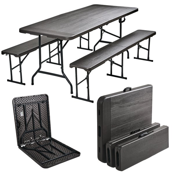 Klappbares Bierzeltgarnitur Set bestehend aus einem Tisch und zwei Bänken mit Holzoptik Oberfläche und schwarzem Metallgestell.
