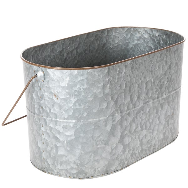 Ovaler Pflanzeimer aus verzinktem Metall mit Henkel.