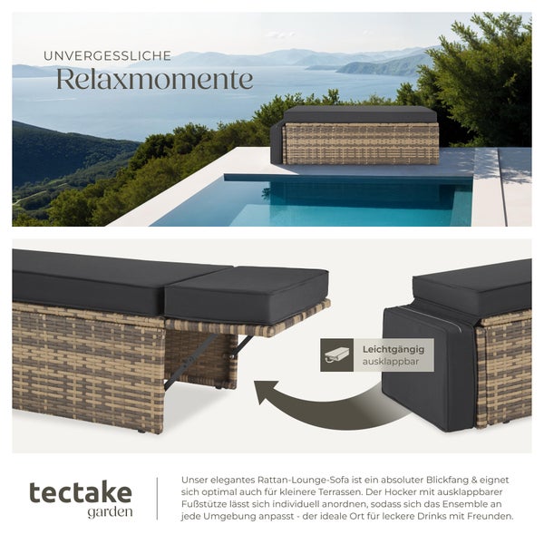 Rattan Lounge tectake Korfu Hocker mit klappbarer Stütze 2-Sitzer natur