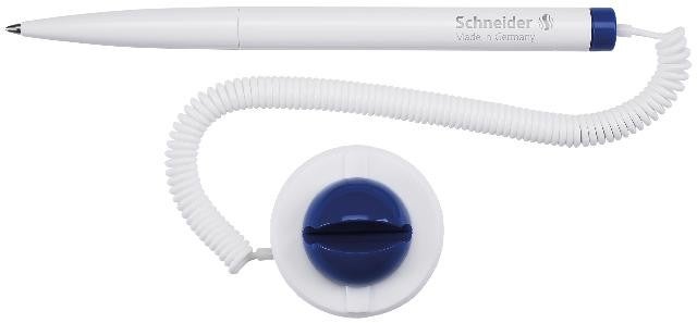Schneider Kugelschreiber mit Spiralschnur und rundem Ständer, Schneider Logo.