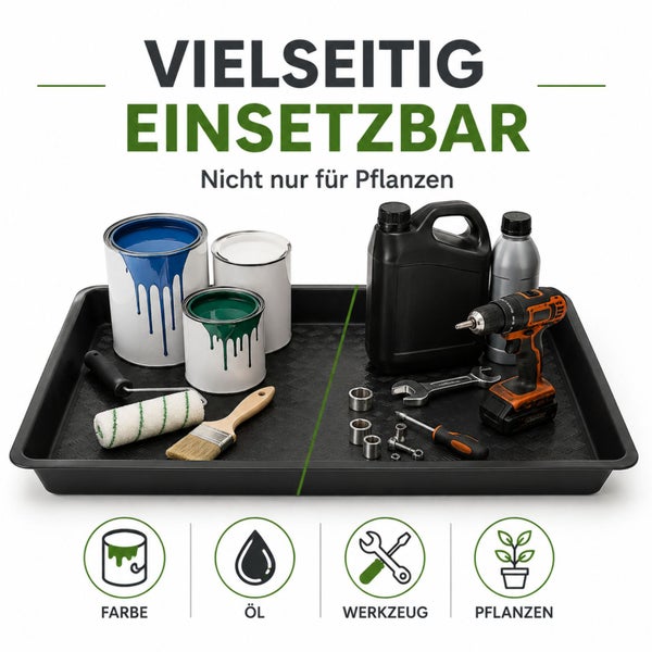 Schwarze Kunststoffwanne, vielseitig einsetzbar für Farbe, Öl, Werkzeug und Pflanzen.