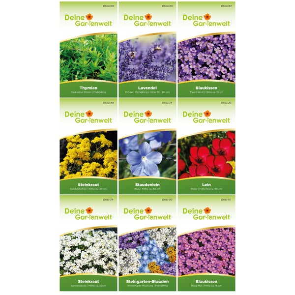 Eine Auswahl von neun Samentüten der Marke Deine Gartenwelt, unter anderem mit Thymian, Lavendel, Blaukissen, Steinkraut und Lein.