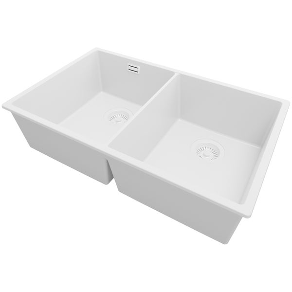 PRIMAGRAN Unterbauspüle Granit Alles Weiß 76x47cm, Spülbecken 2 Becken + Ablauf-Set, Granitspüle ab 80er Unterschrank - London Twin