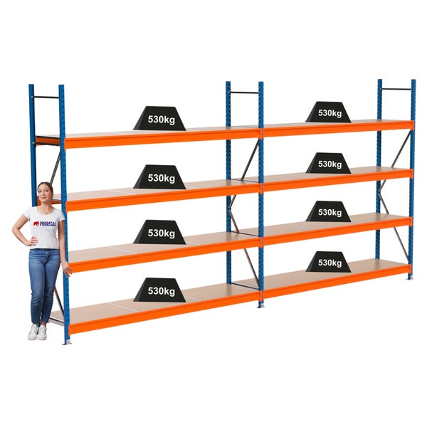 Hochregal mit mehreren Ebenen und einer Traglast von 530 Kilogramm pro Ebene
