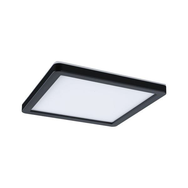 Quadratische LED-Deckenleuchte mit flachem Design, schwarzem Rahmen und weißer Leuchtfläche.