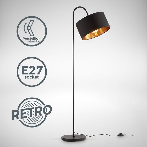 Stehlampe - Schalter, schwenkbar, Stoffschirm, E27 Fassung, Schwarz