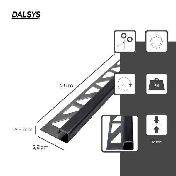 Dalsys Logo, Fliesenprofil Quadratprofil, 2,5 Meter lang, 12,5 Millimeter hoch, 2,9 Zentimeter breit, 0,8 Millimeter stark. Symbole für zuschneidbar.