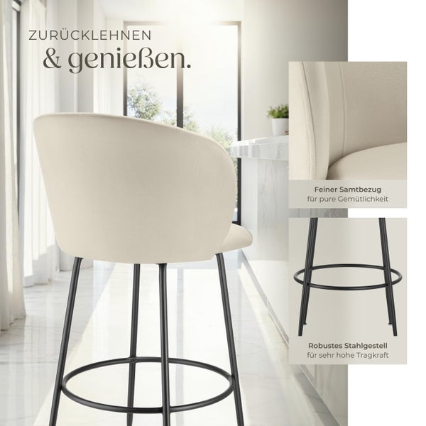 Barstuhl tectake Luana 51 x 60 x 106 cm, Belastbarkeit 120 kg in Samtoptik, gepolstert creme/schwarz