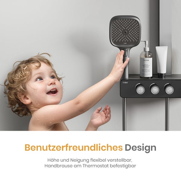 EMKE Duschsystem Thermostatmischer, Dreifunktionsbrause Gewehrgrau, 360×485×1120 mm