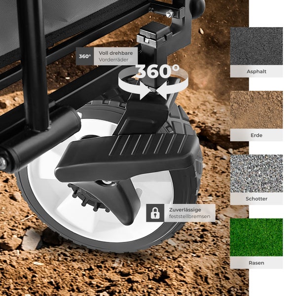 Detailansicht eines Bollerwagens mit 360 Grad drehbaren Vorderrädern und zuverlässigen Feststellbremsen, geeignet für Asphalt, Erde, Schotter und Rasen