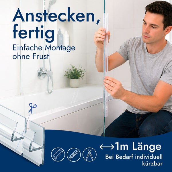 Mann montiert eine 1 Meter lange, transparente Duschdichtung an eine Glaswand. Die Dichtung ist individuell kürzbar.