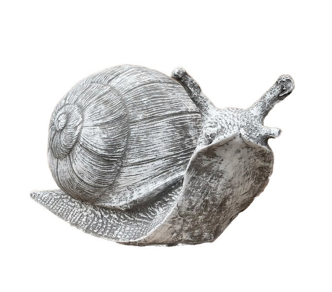 Gartenfigur Schnecke aus wetterfestem Kunststein, detailreiche Dekofigur in Steinoptik für den Außenbereich.